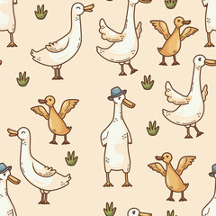 Charming Pixel Art Seamless Pattern of Cartoon Geese and Goslings in Various Playful Poses with Small Green Bushes on a Soft Peach Background