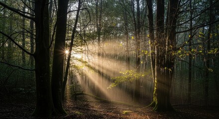 Obraz premium Sunlight streams through a dense forest creating a dramatic atmospheric scene