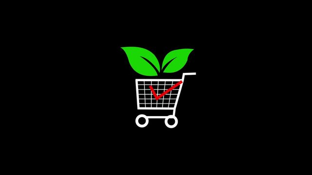 Glowing shopping cart icon with checkmark and leaves on a black background. Symbol of eco-friendly shopping, organic products, green business, sustainability, and online store success. Perfect for dig