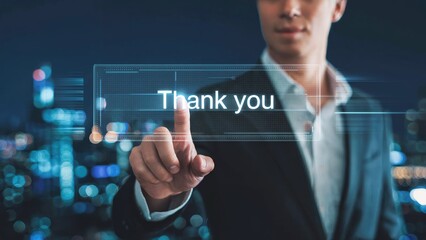 Modern business professional says thank you on futuristic touchscreen interface with city background