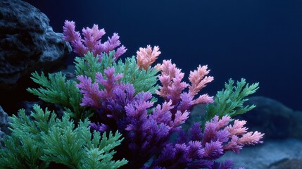 Obraz premium Vibrant Coral Reef Scene Under UV Light Showcasing Colorful Underwater Flora