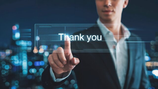 Modern business professional says thank you on futuristic touchscreen interface with city background