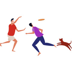 Two Men Playing Frisbee With A Dog On A Transparent Background Representing Outdoor Activity And Recreation