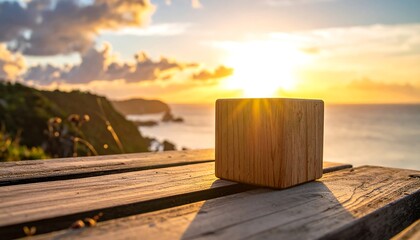 Wooden Cube on Wooden Deck at Sunset.