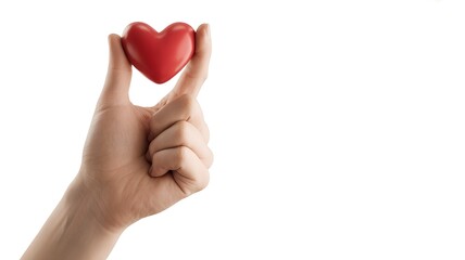 Fototapeta premium Hand Gently Holding a Small Red Heart, Symbol of Love, Care, and Charity on White Background.