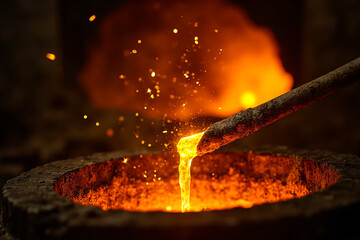Molten Metal Glowing Bright Orange And Yellow Pours From A Ladle Into A Crucible In A Dark Foundry
