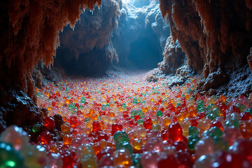 Magical Cave Entrance Filled With Colorful Glowing Orbs And Ethereal Light Illuminating The Path Forward