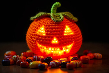 Handmade Crochet Jack O Lantern Pumpkin Glowing With Warm Light Surrounded By Halloween Candy