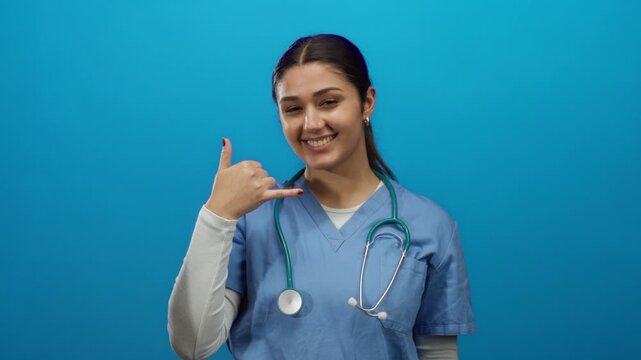 Young hispanic woman doctor wearing scrubs makes phone gesture smiling against blue wall