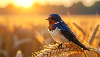 Ethereal Swallow in Golden Wheat Field.