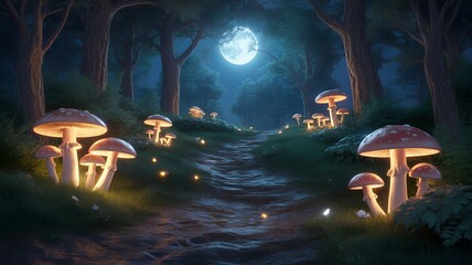 Mystical Night Forest with Full Moon and Glowing Mushrooms on a Winding Path, Fantasy Illustration.