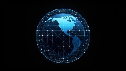3D model of planet Earth, showing Europe and Africa, rotates seamlessly inside a glowing blue technology grid, symbolizing global networks, communication, and globalization on a black background - Powered by Adobe