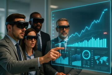 Business Professionals Embracing Technology: A team of diverse business professionals is engaged in analyzing futuristic data projections, the scene evokes a sense of innovation, collaboration.