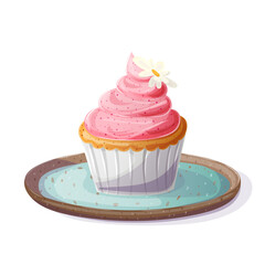Cupcake with pink cream and flower topping on a ceramic plate, front view, perfect for dessert menu, packaging, branding and pastry illustrations