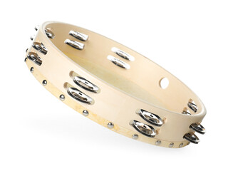 One tambourine isolated on white. Musical instrument