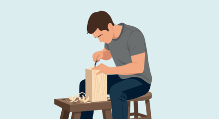 Obraz premium Man carving wood with chisel while seated