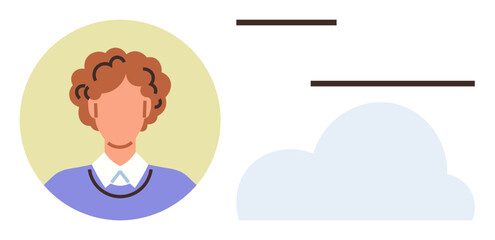 Portrait of person with curly hair in a circle, minimalist lines, cloud graphic. Ideal for networking, communication, technology, online identity, creativity collaboration abstract. A simple flat