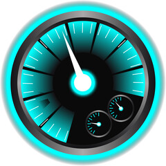 Circular Gauge With Glowing Blue Neon Rim and White Needle Indicating Speed On Black Background With Two Small Gauges