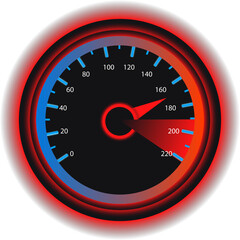 Circular Gauge With Red And Blue Gradient Dial Indicating High Temperature And Speed Measurement On A Black Background With Neon Glow Effect