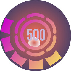 Circular graphic interface displaying the number 500 with a radial progress bar in vibrant pink orange and purple gradient lighting against a dark background