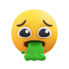 Yellow smiley face emoji with wide eyes and open mouth spewing green slime against a transparent background a feeling of nausea and sickness