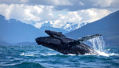 A magnificent humpback whale breaches the surface of the turquoise water, showcasing its impressive size and power against a backdrop of majestic mountains and a cloudy sky.