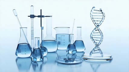 Scientific laboratory equipment and dna helix model on a light blue background - Powered by Adobe