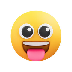 A silly yellow cartoon face emoji with wide eyes and its tongue sticking out in a playful expression on a transparent background