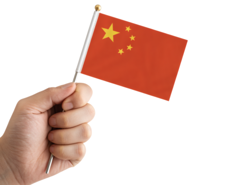 a hand proudly holding a small Chinese national flag