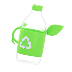 Green recycling bottle with leaf design and universal recycling symbol on transparent background