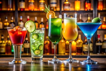 Assortment of colorful refreshing cocktails and mixed drinks artfully arranged on a bar counter with a blurred liquor shelf background