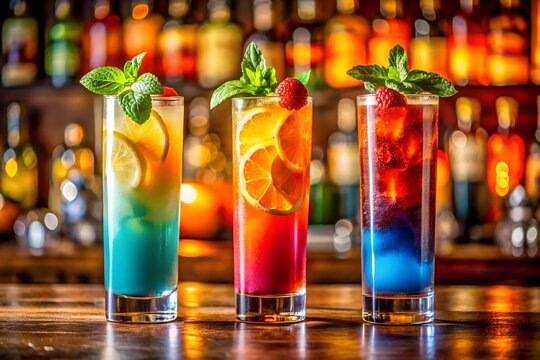Three vibrant layered cocktails garnished with fresh mint and fruit on a bar counter with blurred bottles in the background