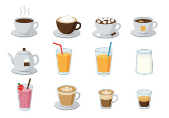 A collection of various popular beverages illustrated