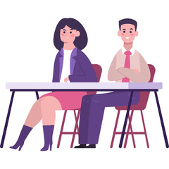 Two professionals sitting at a table dressed in formal business attire, a woman in a purple blazer and pink 