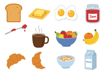 Breakfast food vector illustration with toast, jam, fruits, eggs, coffee and croissants