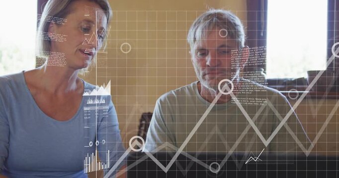 Woman tapping keyboard man nodding generating transparent finance graphs around laptop for analysis