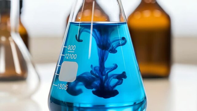 Closeup of blue liquid swirling in a laboratory flask with amber bottles in background
