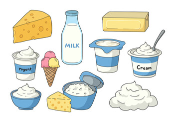 Various Dairy Products Milk, Cheese, Yogurt, and Cream Illustration