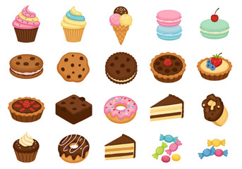Delicious Variety of Sweets Cupcakes, Cookies, Donuts, and Macarons