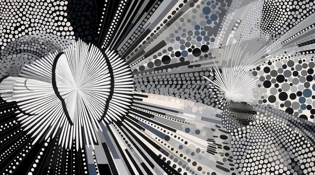 AI-generated animated abstract illustration featuring groovy radiating pointillist designs in black, white, gray and muted blue