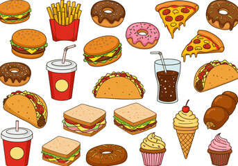 Delicious Cartoon Fast Food Feast Burgers, Pizza, Donuts, Tacos and More!