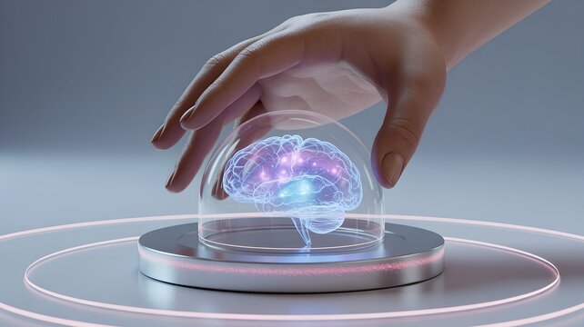 Futuristic Brain in Glass Dome with Neon Rings – Sci-Fi Concept for AI, Neuroscience or Digital Consciousness Design. - Powered by Adobe