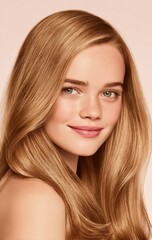 Naklejka premium Woman with long brown hair is smiling and looking at the camera. The image has a warm and friendly mood