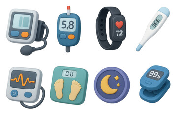 Health Device Icons. Health Monitoring Devices set of icons in 3D color style: blood pressure monitor, glucose meter, fitness tracker, digital