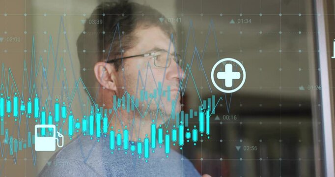 Man rubbing chin at glass window activating finance graph displaying rising cost sector icons