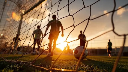 Generative AI. Silhouetted soccer players engaged in practice during sunset, with a soccer ball on the grass, capturing the essence of teamwork and athleticism in a vibrant outdoor setting - Powered by Adobe