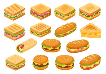 Isometric Assortment Delicious Sandwiches and Burgers Illustration