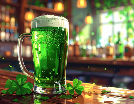 Glass mug of green beer with foam on wooden bar counter decorated with shamrocks, celebrating St. Patrick’s Day in a festive pub atmosphere. - Powered by Adobe