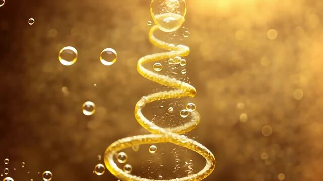 Generative AI. Golden spiral of bubbles resembling a Christmas tree, shimmering against a blurred golden background, creating a festive and magical atmosphere for holiday celebrations