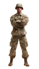 Obraz premium Transparent Cutout of a Young Soldier in Full Military Camouflage Uniform, Wearing a Helmet and Standing Confidently with Arms Crossed, Ready for Duty